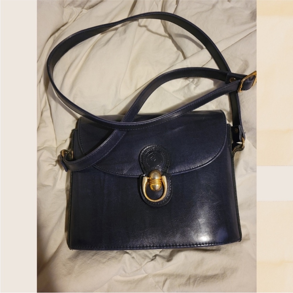 Elegant Vintage Navy Blue Leather Shoulder Bag